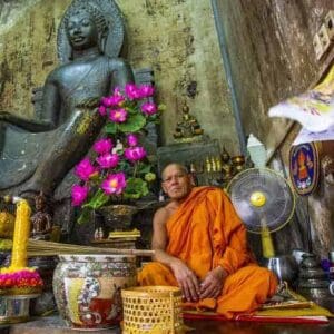 Ayutthaya Buddhist monk sitting inside temple